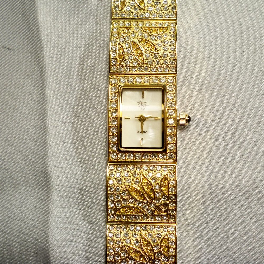 Vintage Suzanne Somers Yellow, Clear Cubic Zirconias Gold Watch